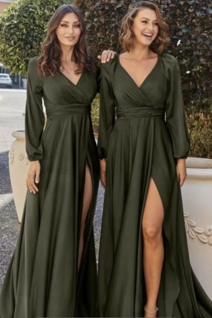 V Neck Olive Green Bridesmaid Dresses