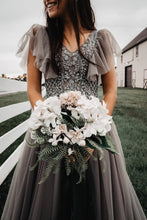 Load image into Gallery viewer, V Neck Prom Dresses Grey Floor Length with Beading