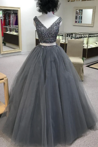 Two Piece Grey Prom Dresses with Rhinestones