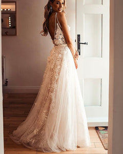 V Neck V Back Wedding Dresses Bridal Gown with Lace