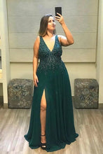 Load image into Gallery viewer, V Neck Forest Green Prom Dresses Slit Side with Beading