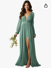 Load image into Gallery viewer, V  Neck Olive Green Bridesmaid Dresses with Full Sleeves