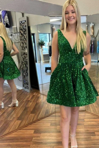 V Neck Prom Dresses Sparkly Sequins Green