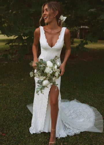 V Neck Wedding Dresses Bridal Gown Lace Slit Side