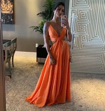 Load image into Gallery viewer, Orange Prom Dresses Sexy V Neck