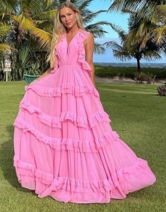 V Neck Pink Prom Dresses Backless