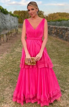Load image into Gallery viewer, V Neck Fuchsia Prom Dresses Floor Length