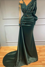 Charger l&#39;image dans la galerie, Dark Green V Neck Prom Dresses Evening Gown with Sleeves