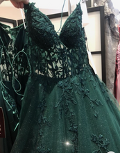 Load image into Gallery viewer, V Neck Dark Green Sparkly Prom Dresses Floor Length