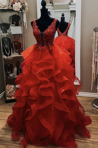 V Neck Prom Dresses Red Tiered with Appliques