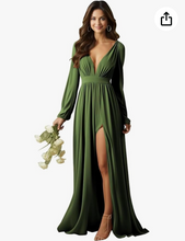Load image into Gallery viewer, V  Neck Olive Green Bridesmaid Dresses with Full Sleeves