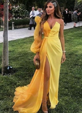 Cargar imagen en el visor de la galería, V Neck Prom Dresses Yellow Slit Side with Sleeves