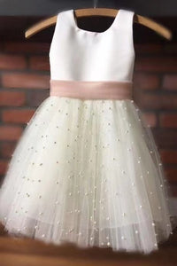 Flower Girl Dresses White with Pearls Sash