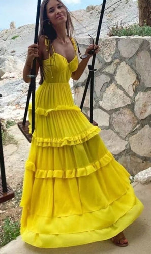 Spaghetti Straps Yellow Prom Dresses Tired