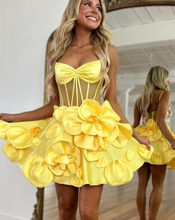 Charger l&#39;image dans la galerie, Mustard Yellow Homecoming Dresses with Handmade Flowers