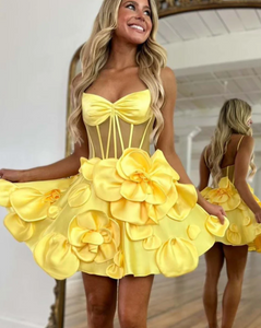 Mustard Yellow Homecoming Dresses with Handmade Flowers