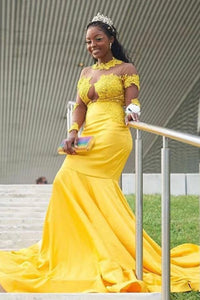 High Neck Prom Dresses Yellow Appliques Lace