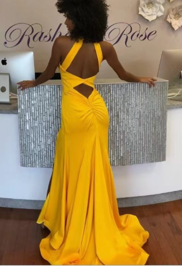 Yellow Prom Dresses Slit Side with Rhinestones