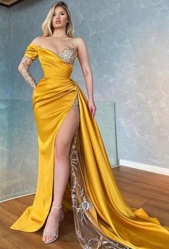 Yellow Prom Dresses Slit Side with Sleeves