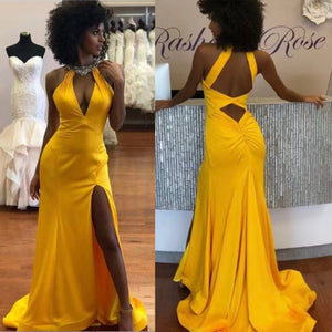 Yellow Prom Dresses Slit Side with Rhinestones