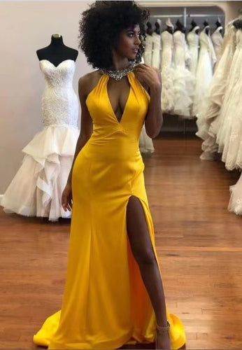Yellow Prom Dresses Slit Side with Rhinestones