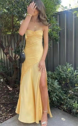 Yellow Prom Dresses Slit Side Sheath Long
