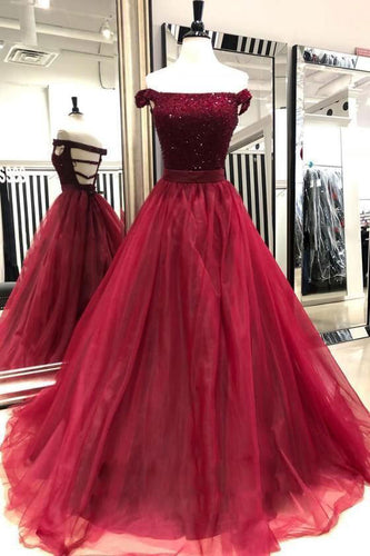 Off the Shoulder Burgundy Prom Dresses with Beaded