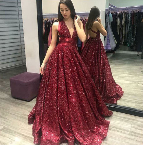 Sparkly Dark Red Squined Long Prom Dresses for Women