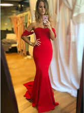 Load image into Gallery viewer, Off the Shoulder Red Mermaid Prom Dresses Long