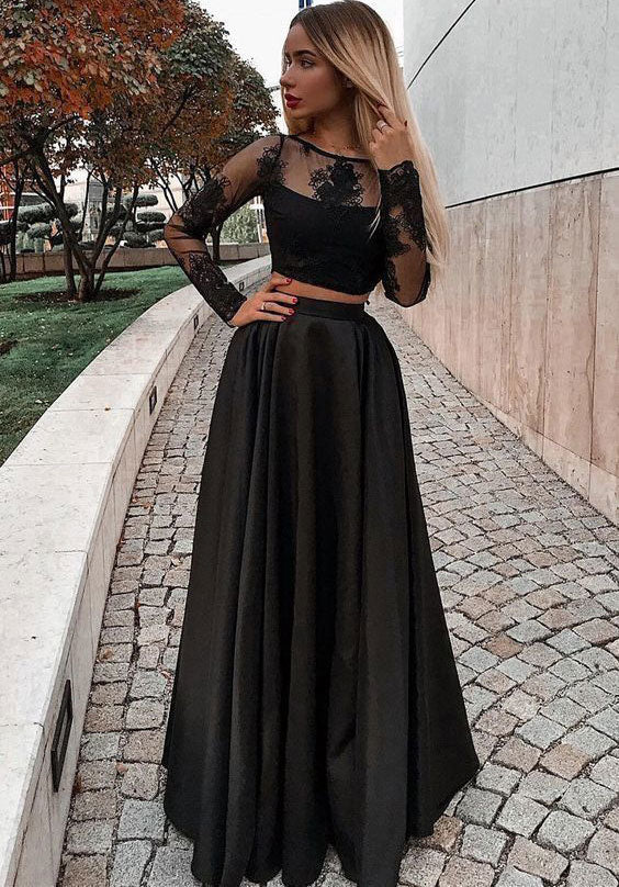 Sexy Two Piece Black Long Prom Dresses with Lace