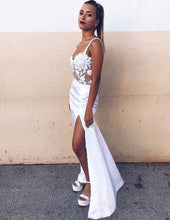 Load image into Gallery viewer, White Split Side Straps Long Prom Dresses with Lace Appliques