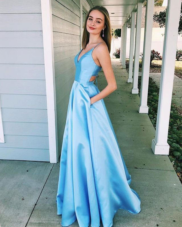 V Neck Long Prom Dresses Sky Blue Dresses for Women