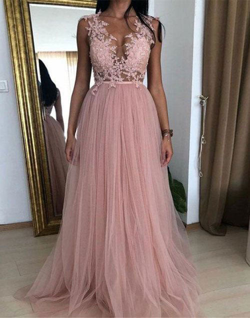 V Neck Long Prom Dresses with Appliques