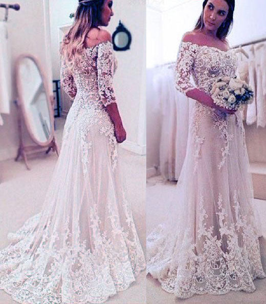 Charming Sheath Long Wedding Dresses Bridal Gown with Appliques Lace