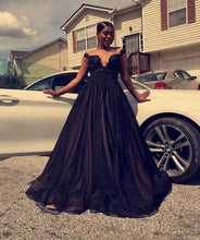 Load image into Gallery viewer, off the shoulder black prom dresses for women