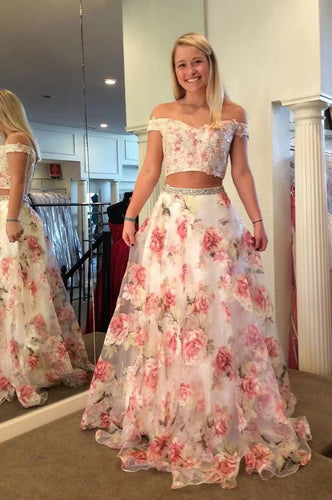 Off Shoulder Two Piece Prom Dresses Floral
