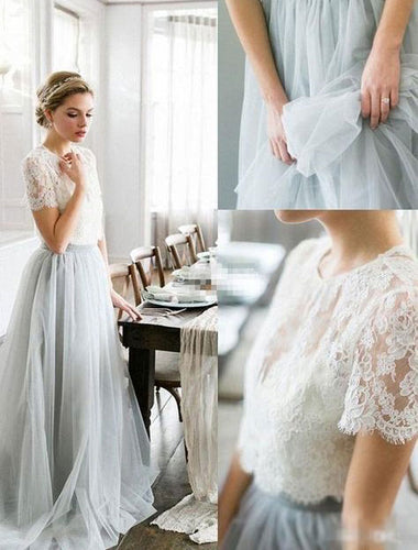 Sexy Two Piece Light Sky Blue Gray Tulle Bridesmaid Dresses