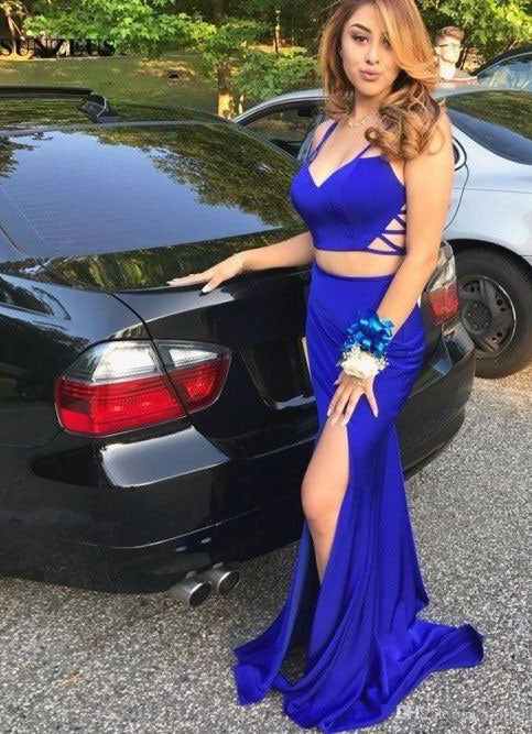 Sexy Two Piece Royal Blue Long Mermaid Prom Dresses with Split Side