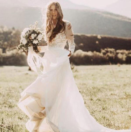 Boho Counrty Long Sleeves Wedding Dresses Bridal Gowns with Appliques Lace