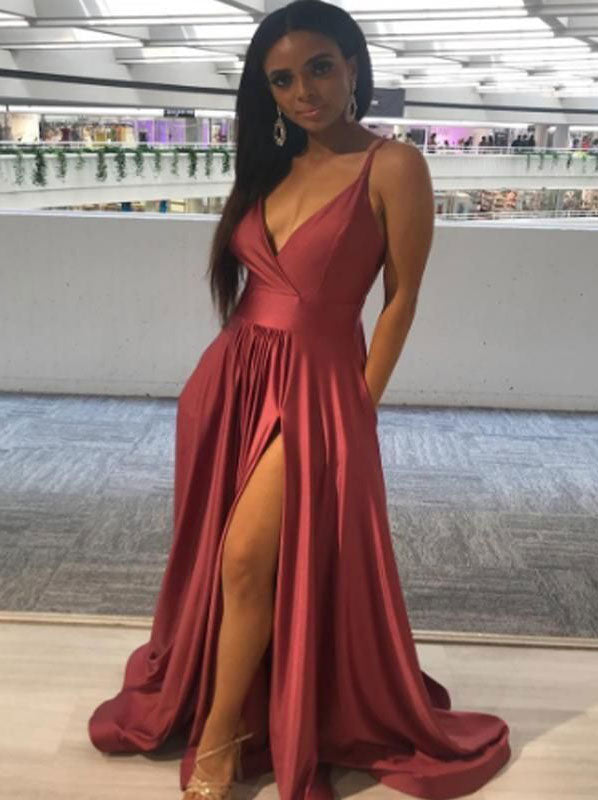 Sexy Spaghetti Straps V Neck Split Side Prom Dresses Long Under 100