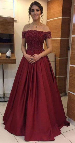 Off the Shoulder Long Burgundy Prom Dresses with Appliques