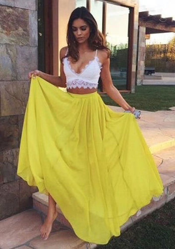 Two Piece Yellow Long Prom Dresses Evening Gowns