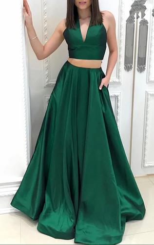 Green Prom Dresses Two Piece with Pockets