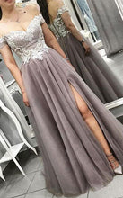 Load image into Gallery viewer, Off the Shoulder Split Side Long Prom Dresses with Appliques Lace