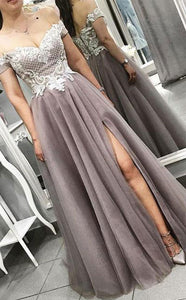 Off the Shoulder Split Side Long Prom Dresses with Appliques Lace