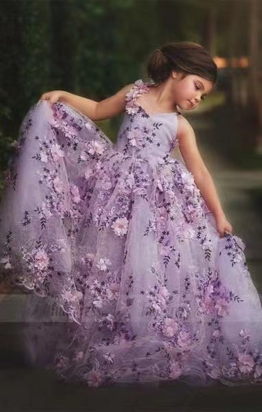 Lavender Flower Girl Dresses Princess Dresses with 3D Flowers