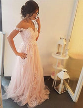 Load image into Gallery viewer, Off the Shoulder Pear Pink Long Prom Dresses with Appliques