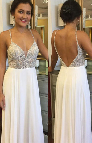 Spaghetti Straps White Prom Dresses with Beaded