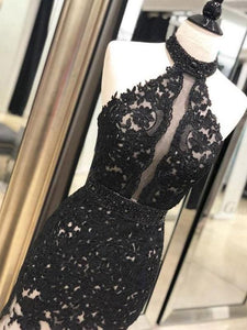 High Neck Black Mermaid Prom Dresses with Appliques