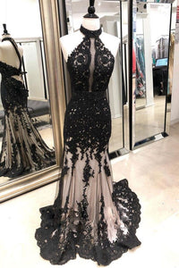 High Neck Black Mermaid Prom Dresses with Appliques